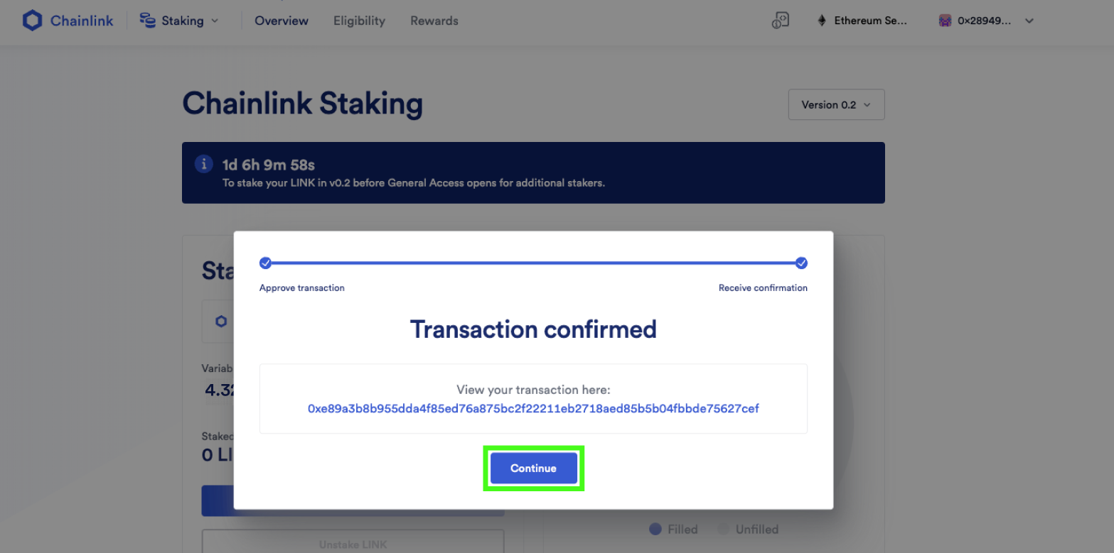 Screenshot of Chainlink Staking UI as part of the staking tutorial. 