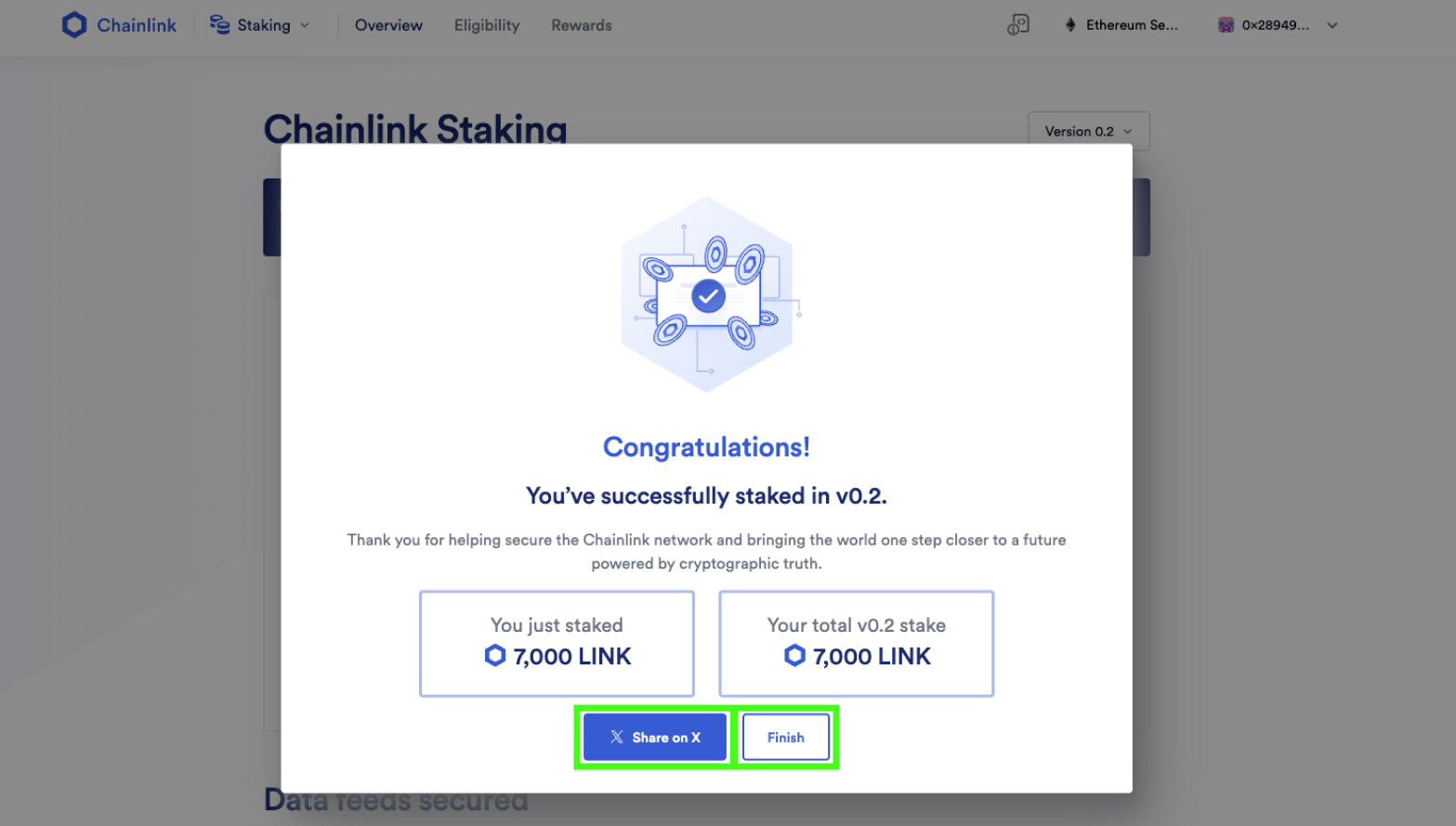 Screenshot of Chainlink Staking UI as part of the staking tutorial. 