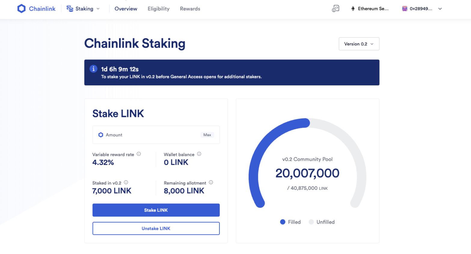 Screenshot of Chainlink Staking UI as part of the staking tutorial. 
